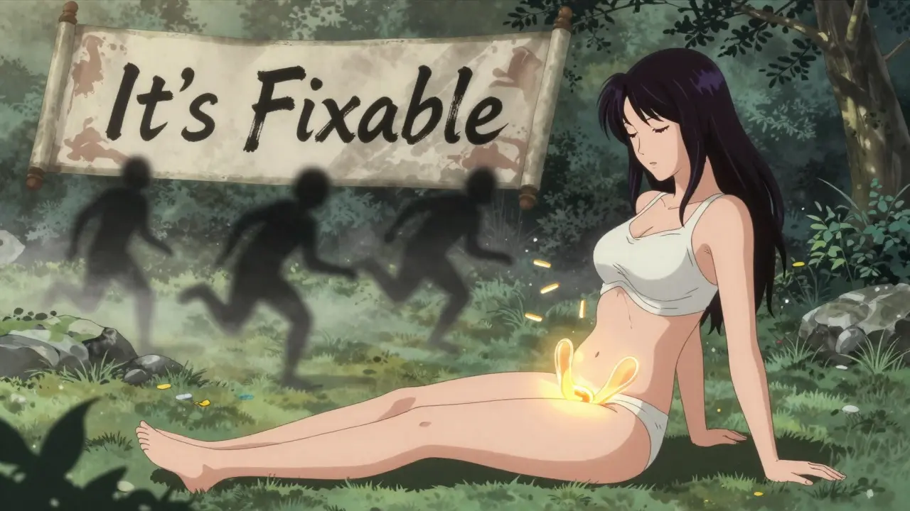 A woman doing pelvic exercises as golden energy calms her bladder, with medication shadows fading into mist.