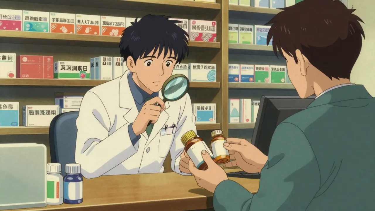 Anime style patient handing supplement bottles to pharmacist