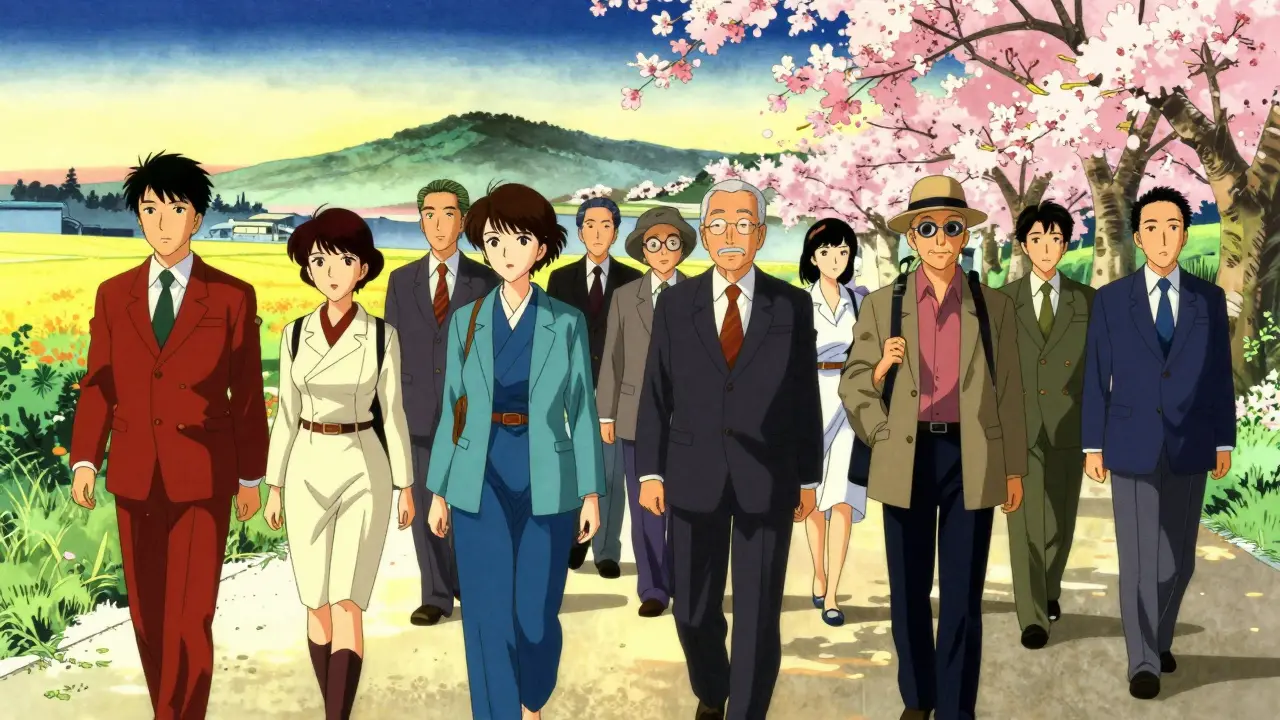 Diverse group of people walking confidently on a sunny path