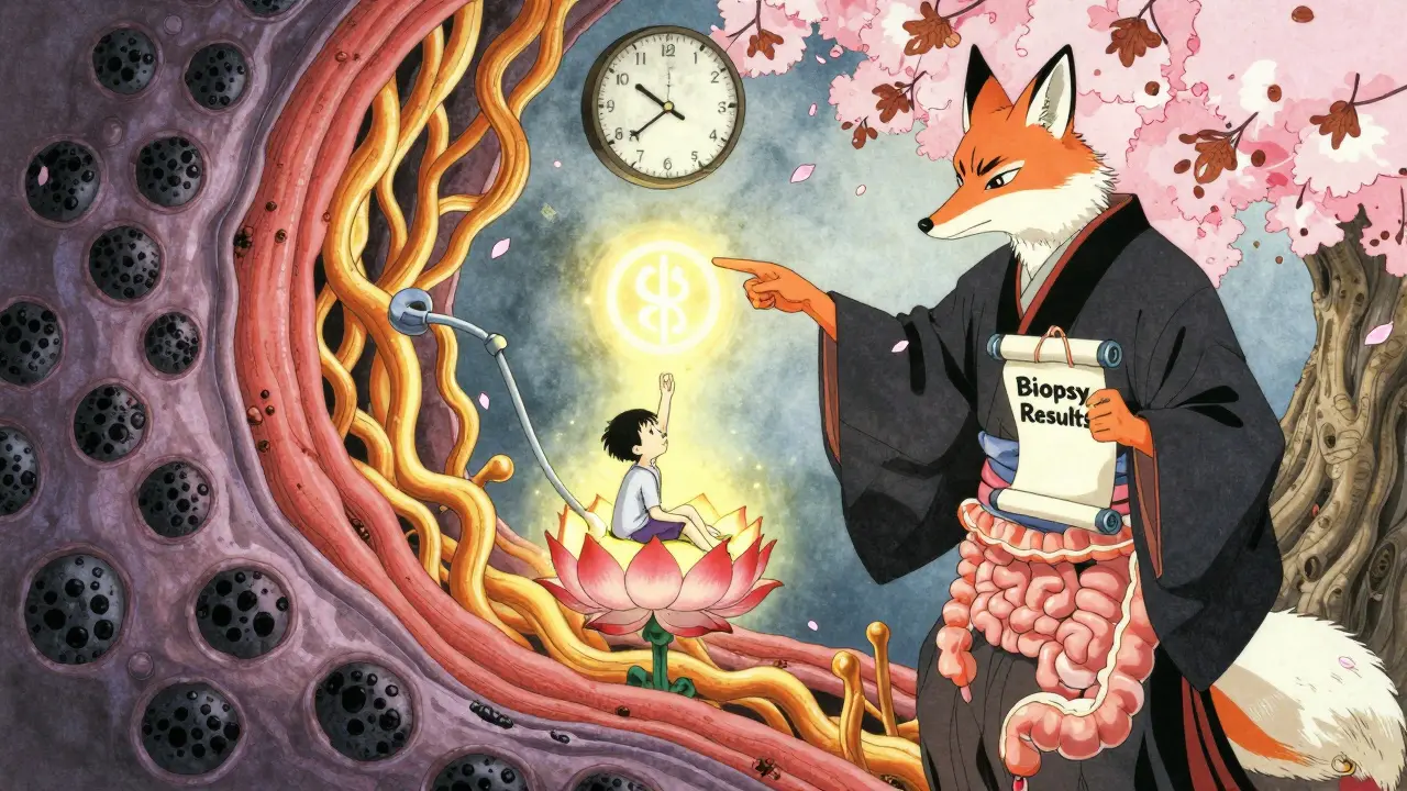 Surreal colonoscopy journey through gut with dying cells vs. healthy tissue, guided by spirit figure.