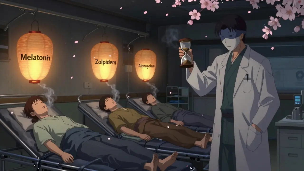 Three unconscious patients in an ER with floating lanterns labeled sleep drugs, dark smoke rising from their mouths.