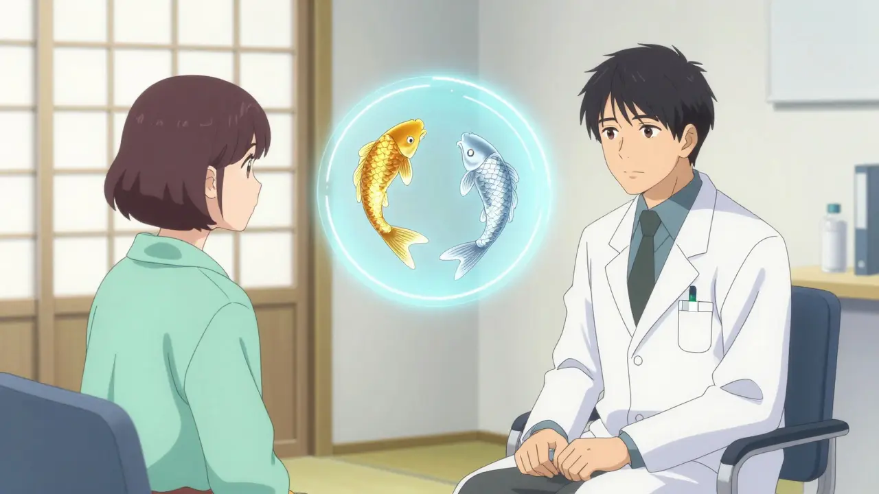 A doctor and patient discussing bioequivalence, symbolized by two koi fish in a minimalist clinic.