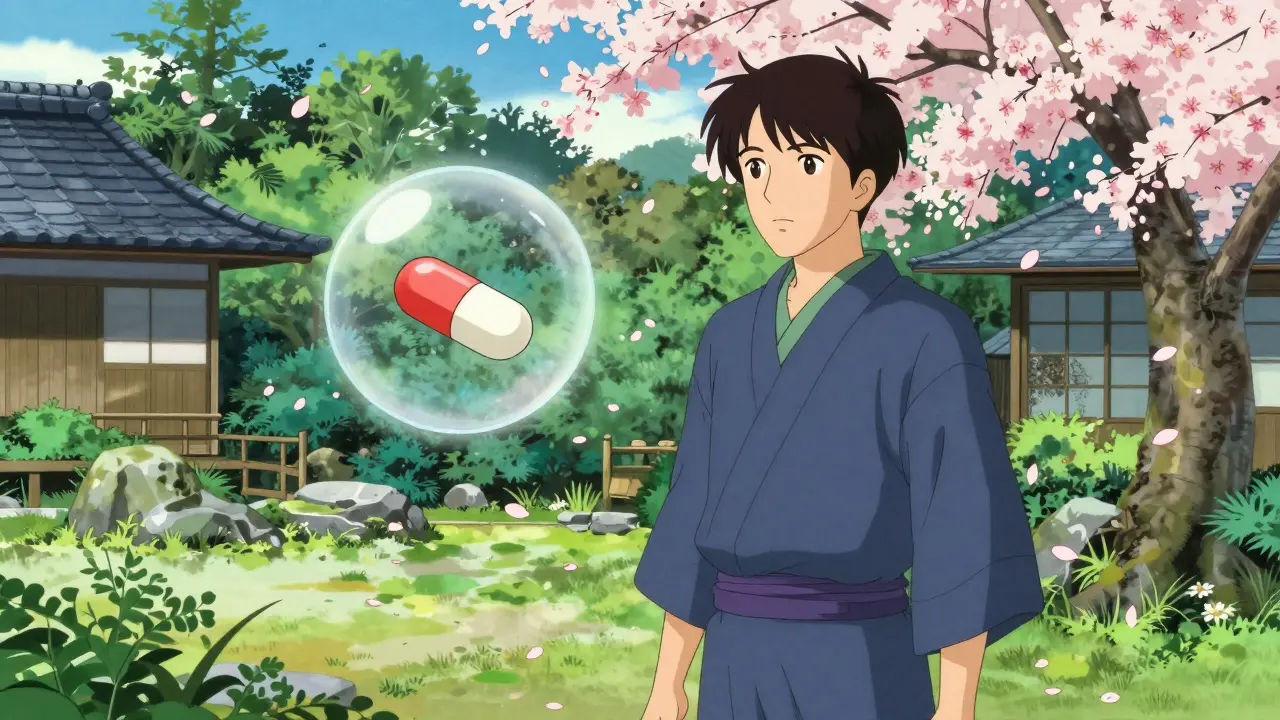 A healthy person in a Japanese garden symbolizing the positive impact of affordable generic medication.