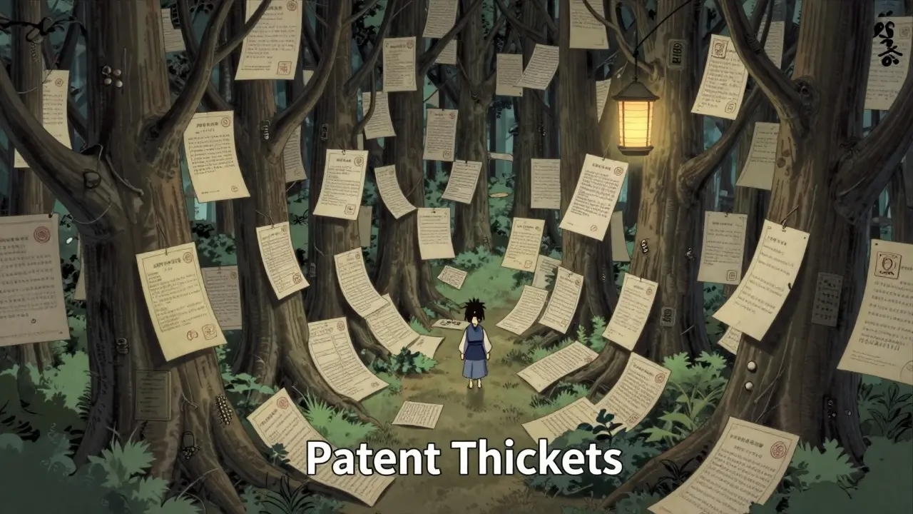 An anime character navigating a dense forest made of overlapping patent documents and stamps.