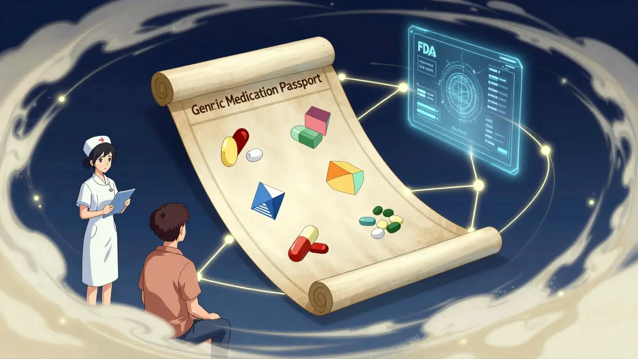 Anime art of a stylized medication passport scroll with glowing digital data and traditional Japanese motifs.