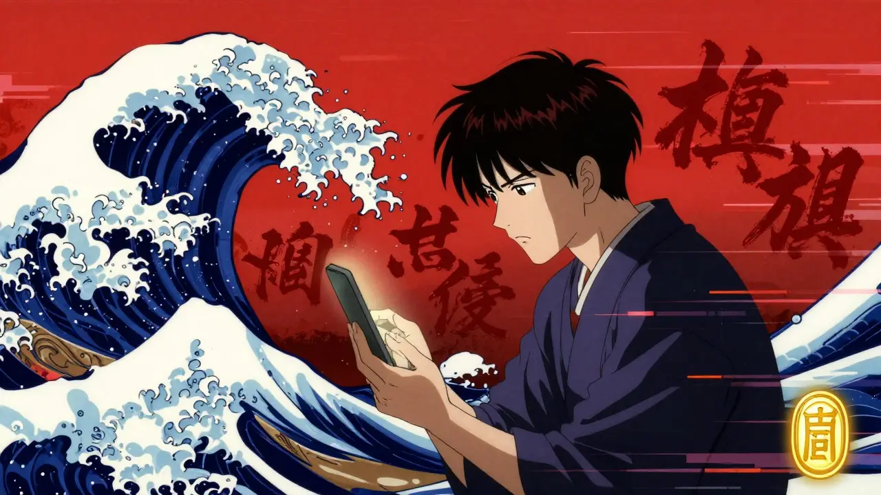 Anime character cautiously reviewing a website with symbolic red warning waves