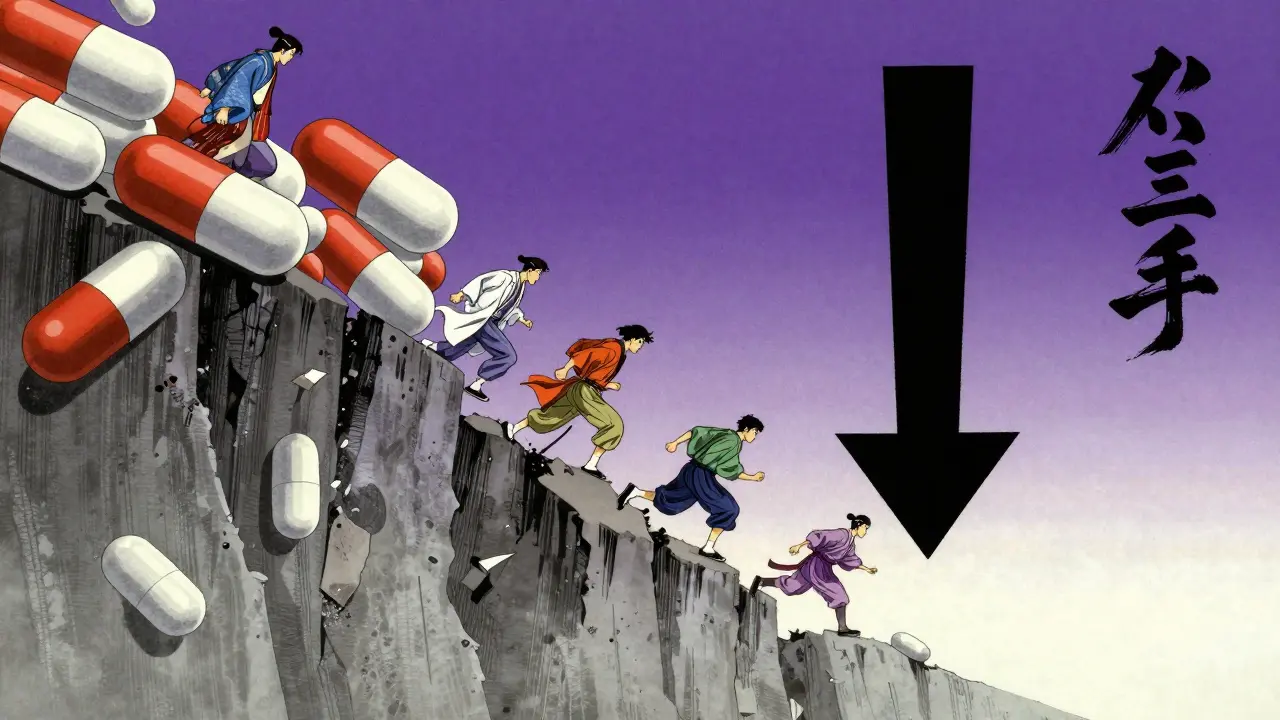 Anime characters in lab coats racing down a crumbling cliff of giant pills and falling prices.