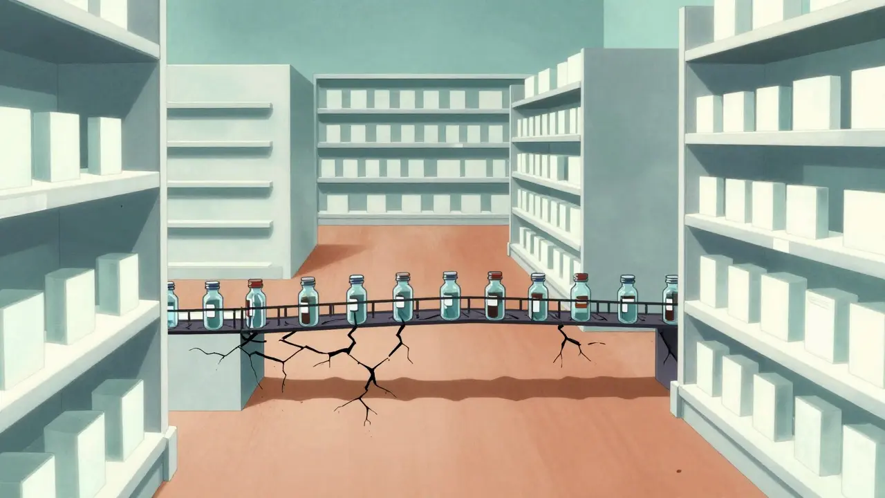 Anime depiction of a fragile glass bridge of vials cracking over empty pharmacy shelves.