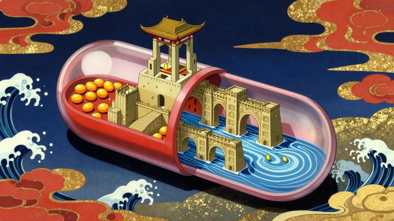 Conceptual Ukiyo-e anime art of a pill releasing medicine slowly into a bloodstream.