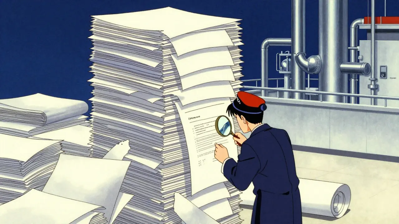 FDA official reviewing a mountain of ANDA application documents in anime style.