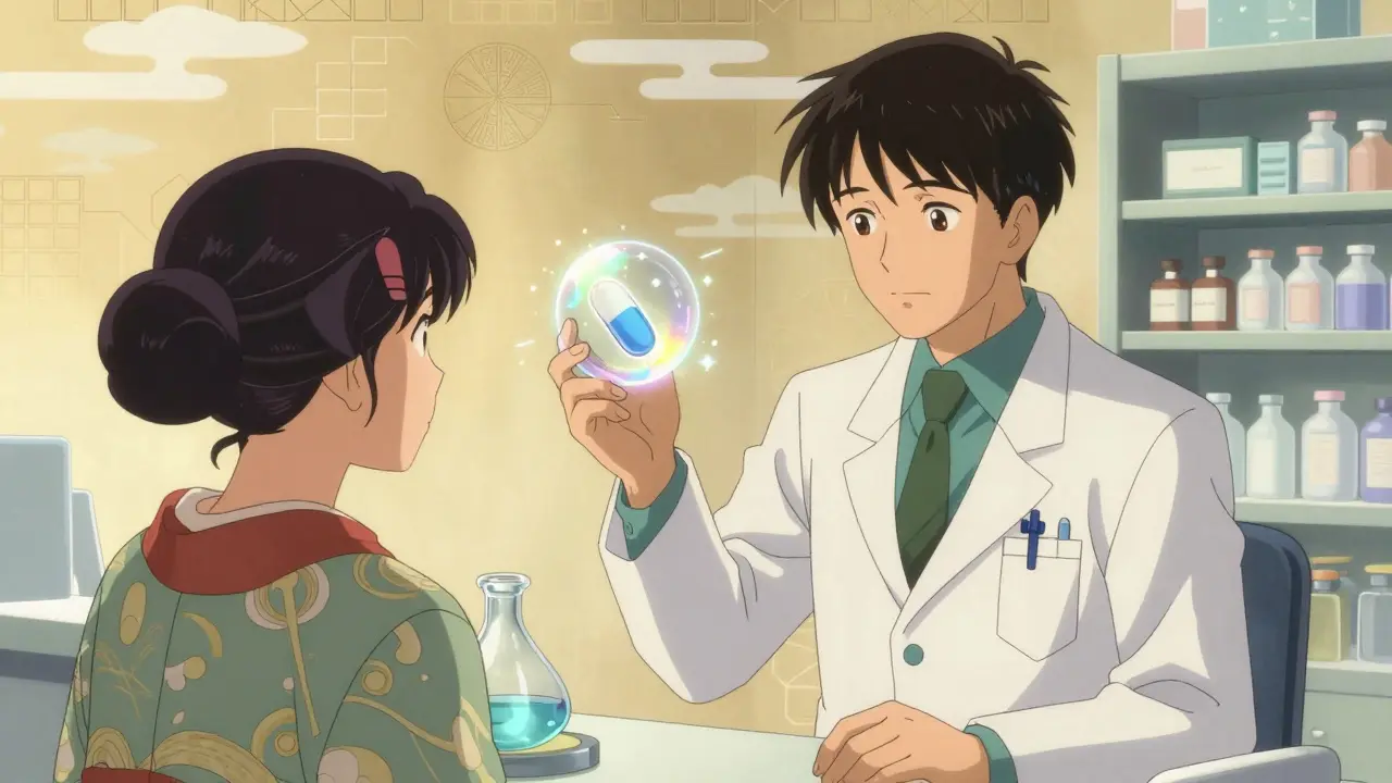 Futuristic pharmacy scene with a protective coated pill in anime style