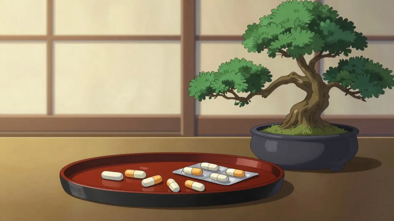 Medication tablets on a lacquer tray next to a bonsai tree in a peaceful anime setting.