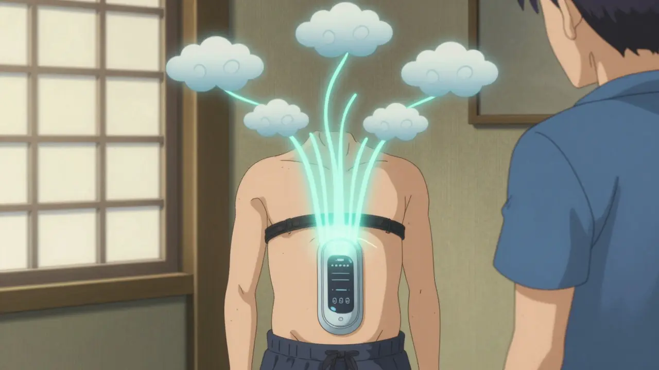 Patient wearing abdominal sensor patch sending invisible data signals