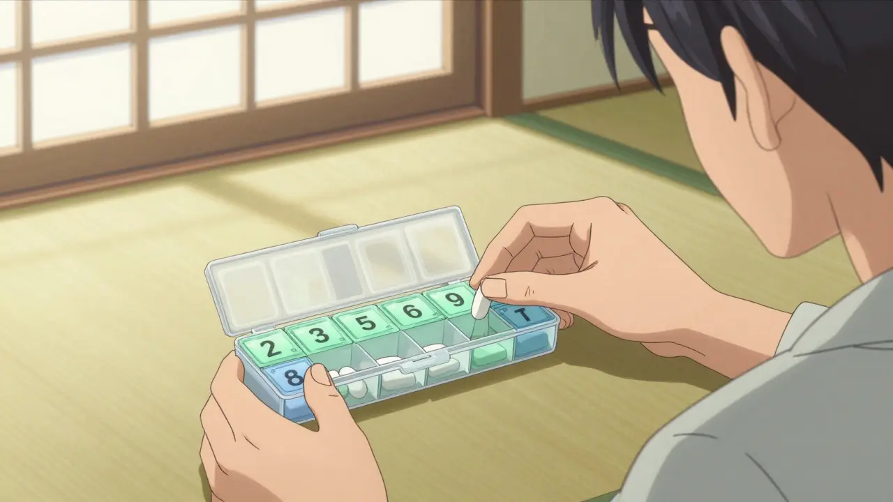 Person organizing extended-release medication in a weekly pill box in anime style.