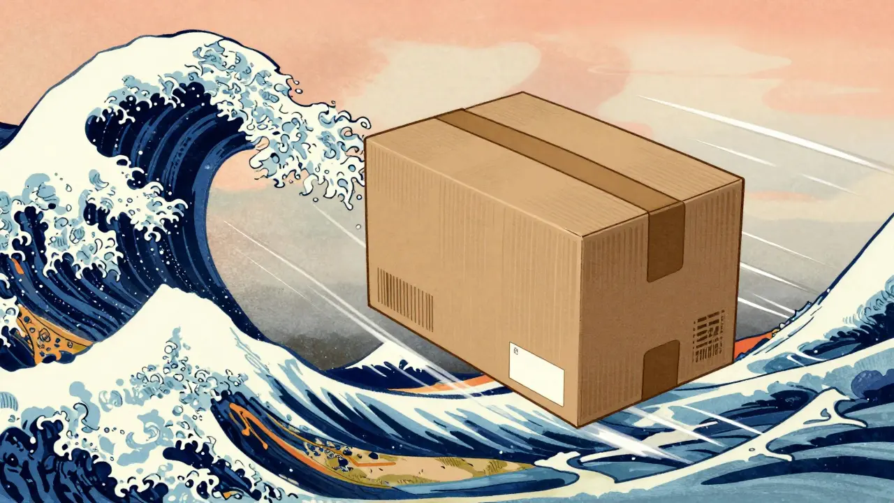 Stylized anime illustration of a medicine package traveling over waves and wind.