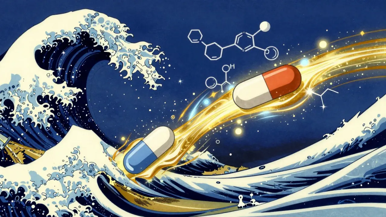 Stylized representation of identical active ingredients dissolving into a bloodstream with traditional waves.