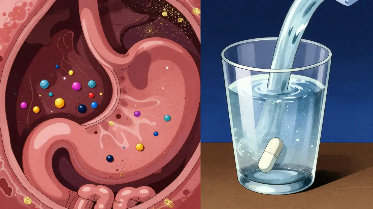 Stylized visual of food buffering the stomach and water helping a pill descend