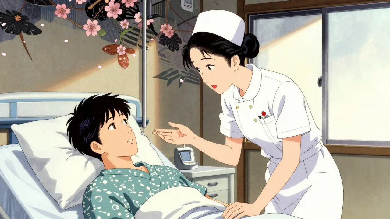 Ukiyo-e style anime scene of a nurse and patient talking by a bedside with cherry blossom accents.