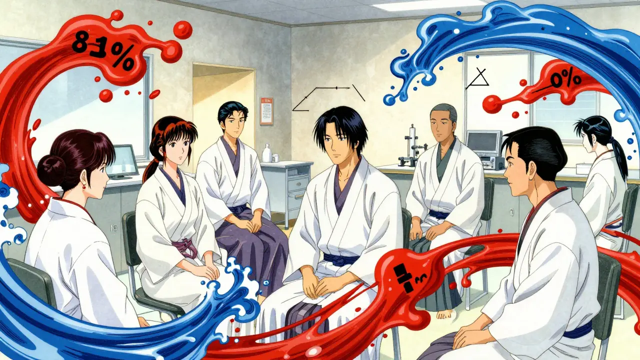 Volunteers in a bioequivalence study with stylized blood flow and math symbols.