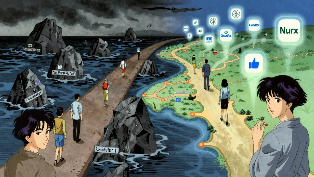 Anime illustration showing safe vs risky online pharmacy paths.