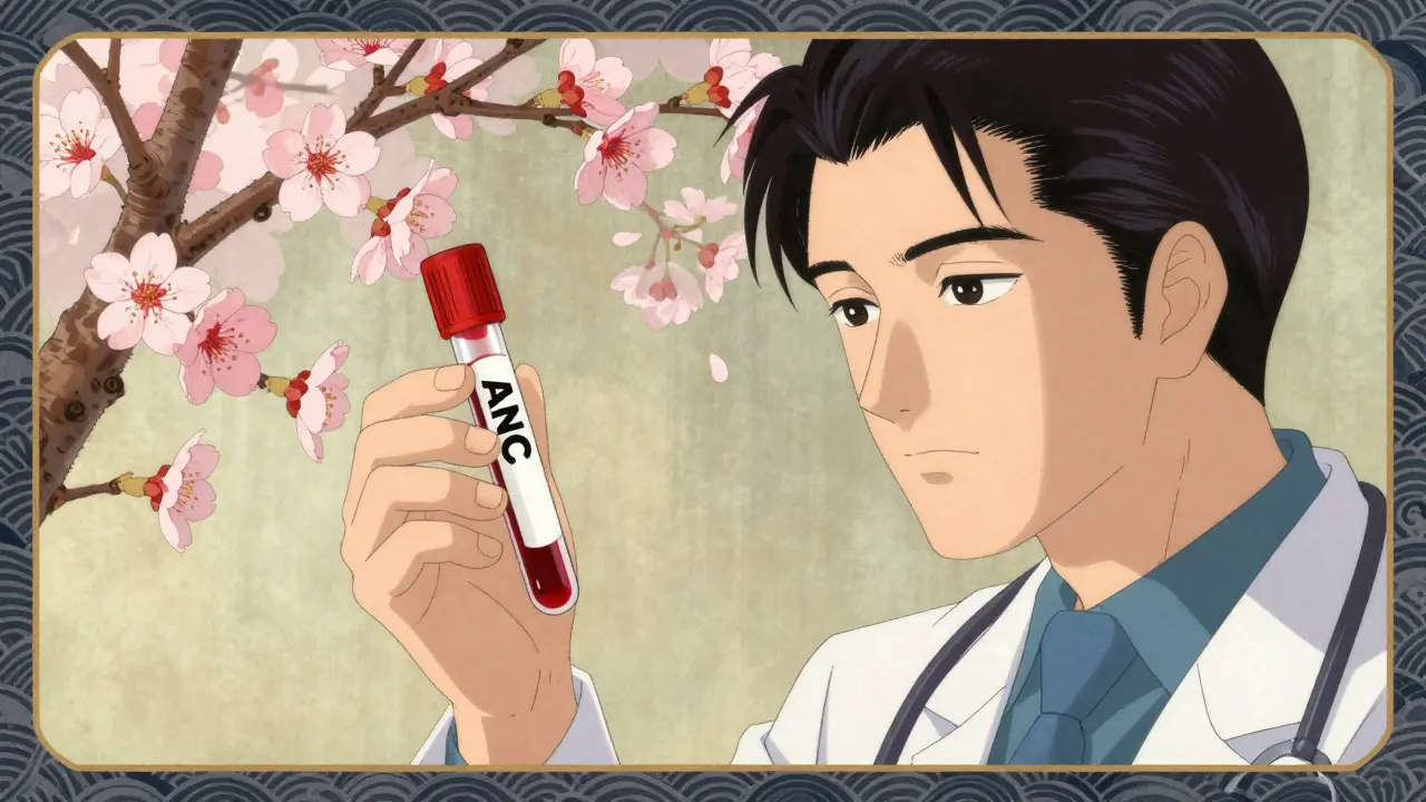 Anime style: Doctor checking blood test with ukiyo-e cherry blossom background