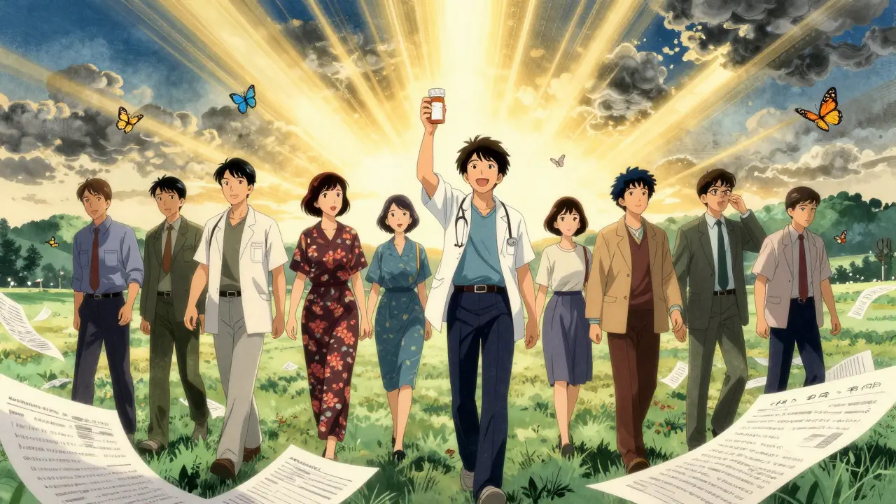 Anime style: Patients walking toward hope as paperwork turns into butterflies