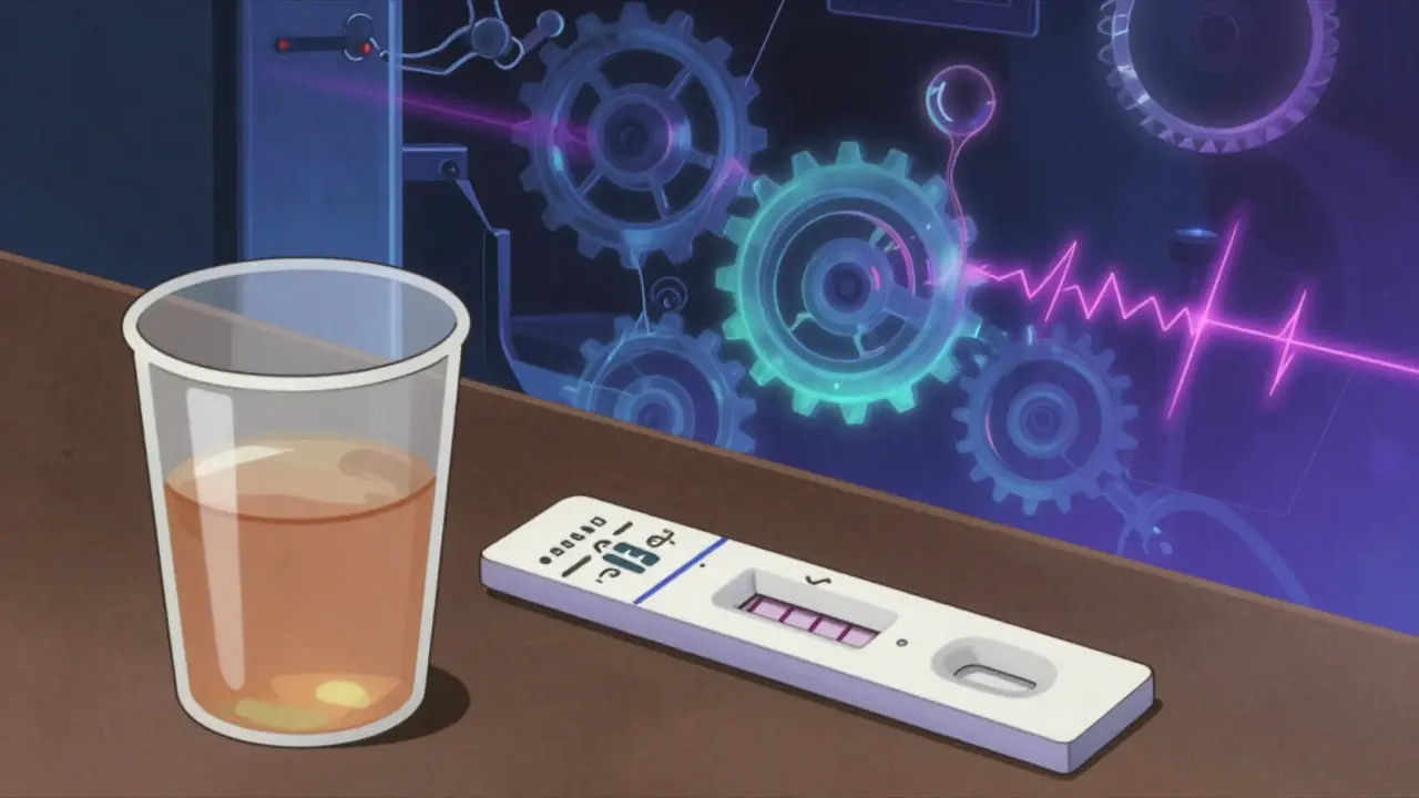 Artistic comparison of rapid urine screening versus precise mass spectrometry analysis.
