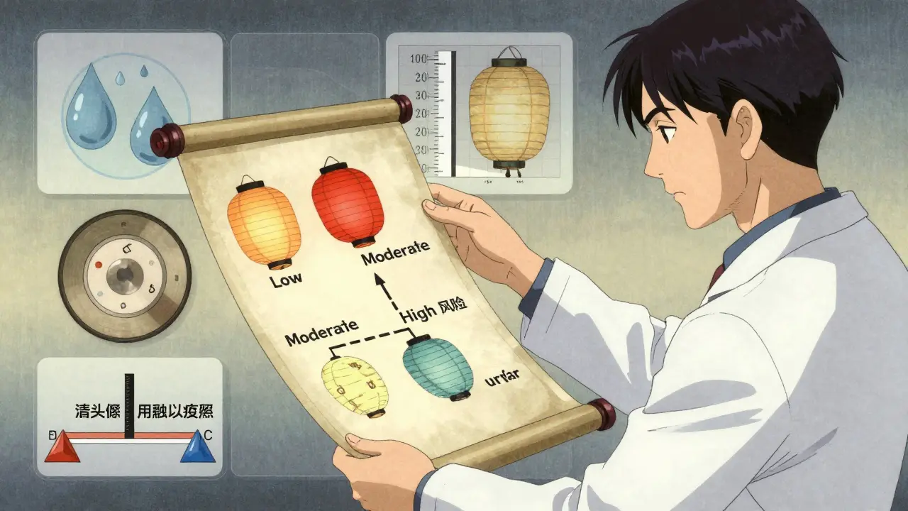 Clinician reviewing risk levels and specimen validity markers in ukiyo-e anime art.