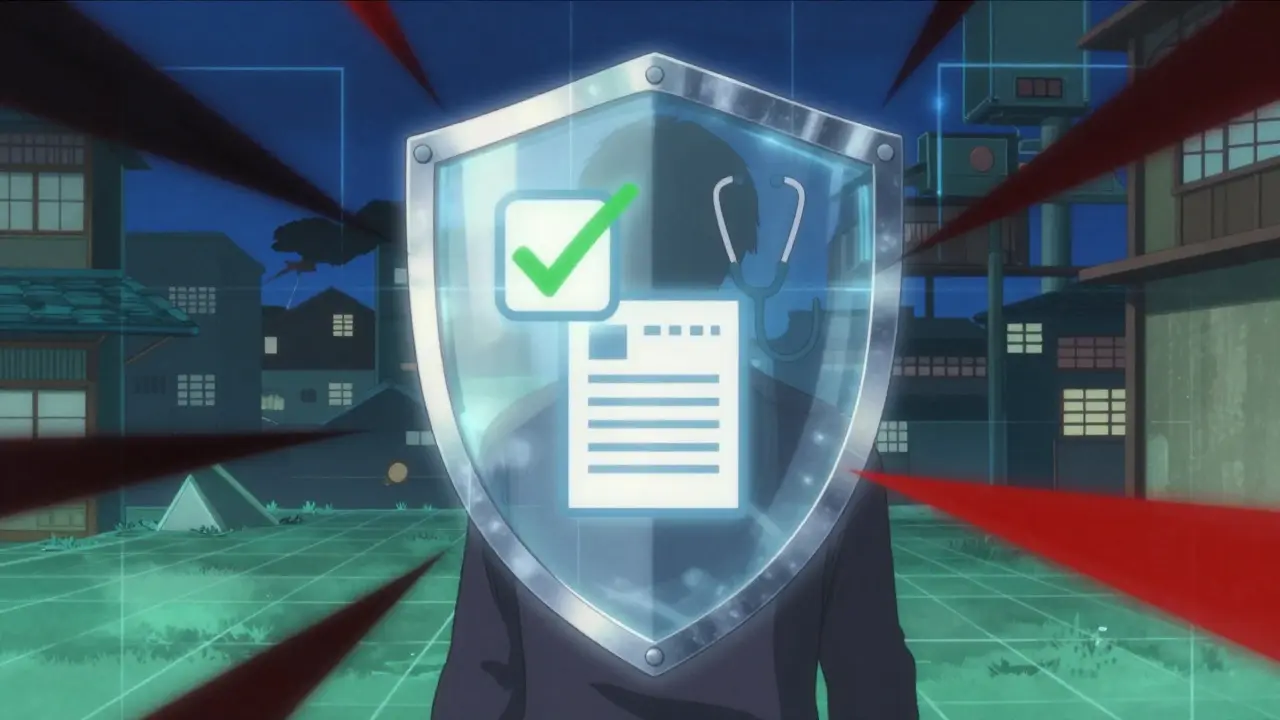 Crystalline shield protecting user from unsafe online pharmacy threats.
