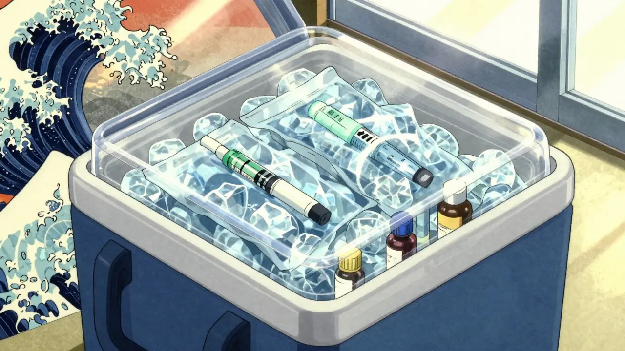 Frozen ice packs cooling meds in a cooler bag, ukiyo-e style