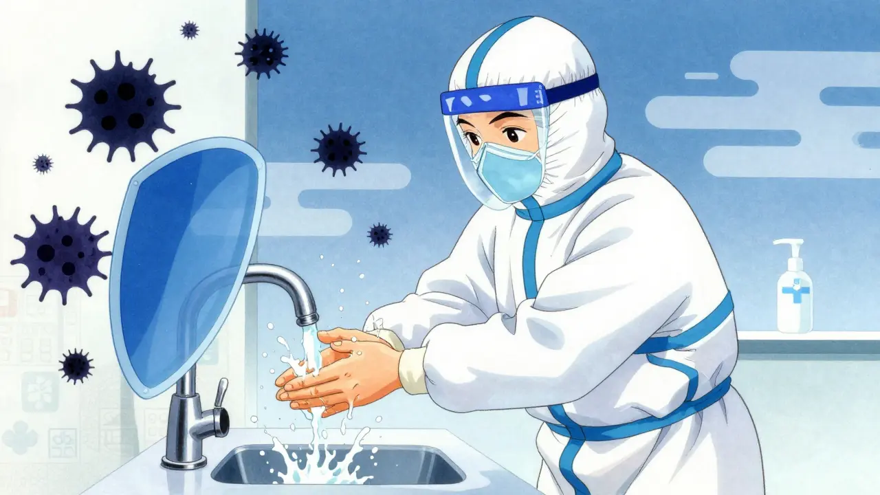 Healthcare worker washing hands to block dark spore entities.
