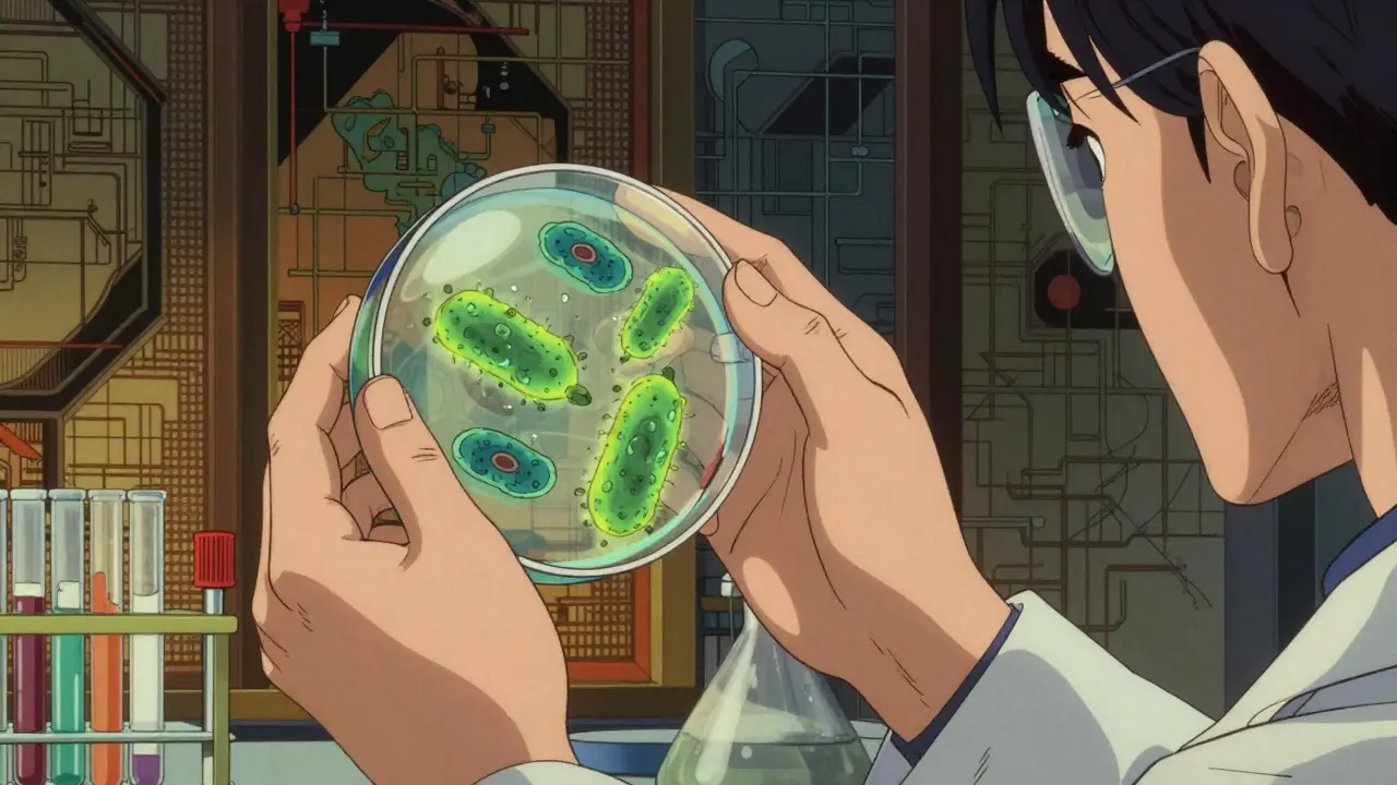 Manga-style scientist examining glowing bacteria in lab glassware.