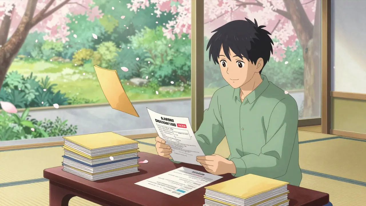 Person reviewing discount plans in serene ukiyo-e anime style