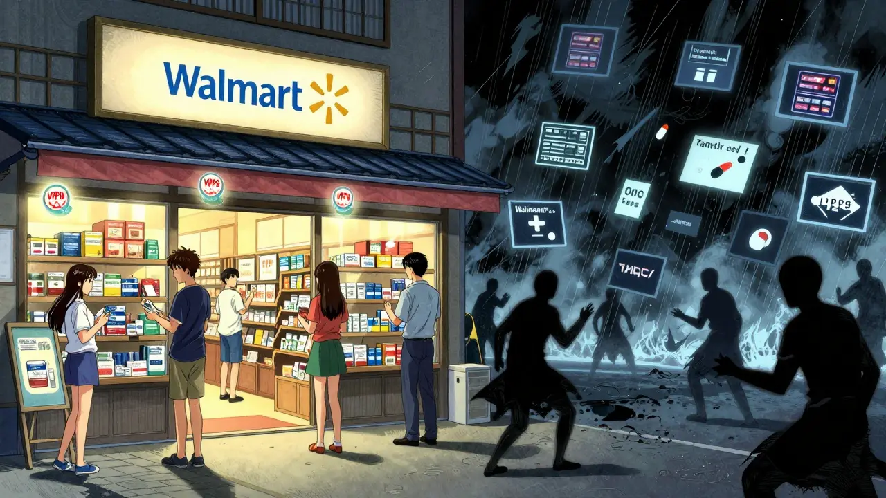 Safe verified pharmacy vs dangerous scam website in anime style