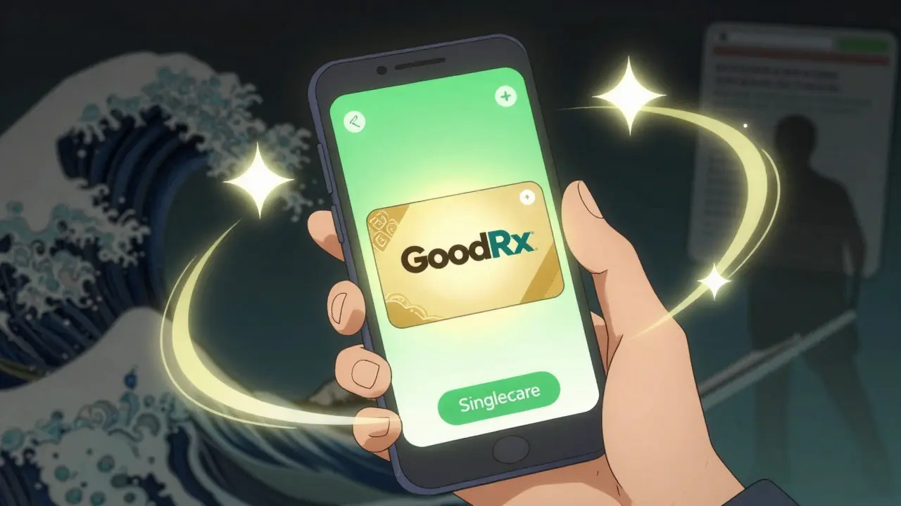 Smartphone showing discount app saving money on medication safely