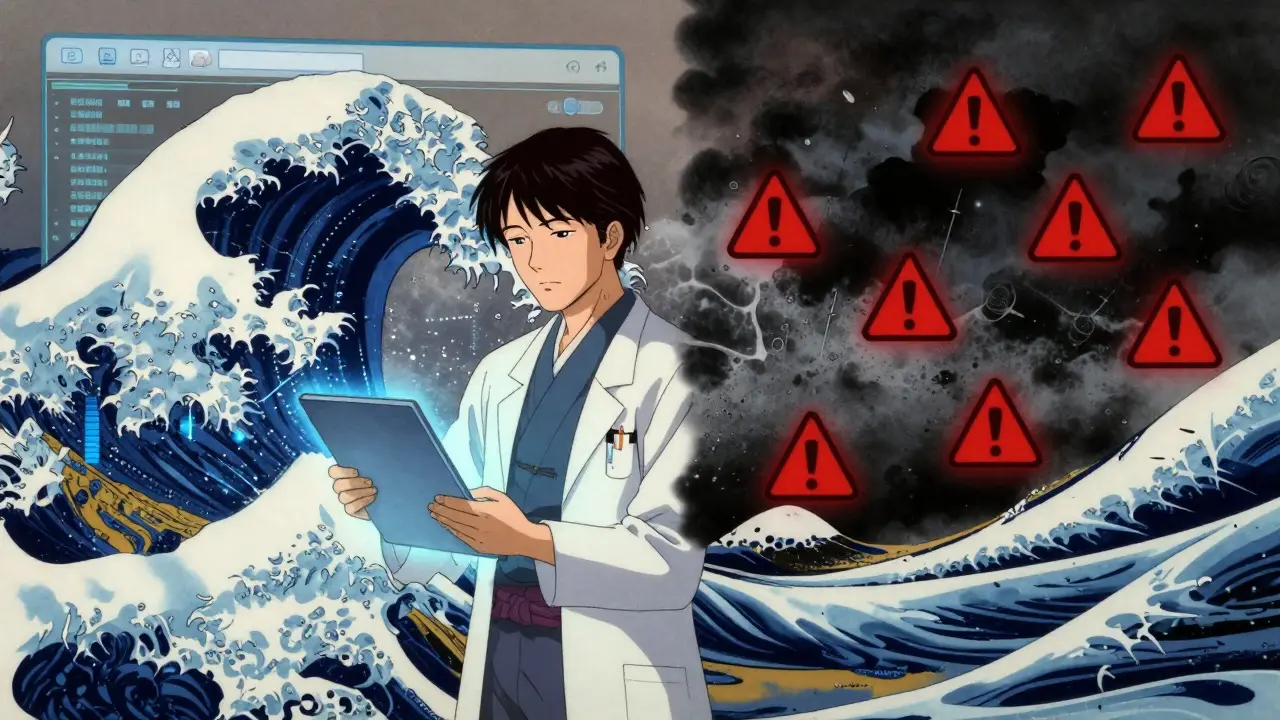 Split screen showing safe online pharmacy vs dangerous scam warnings