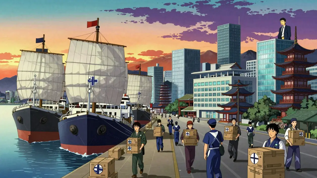 Stylized anime scene of ships delivering generic medicine to hospitals at sunset.