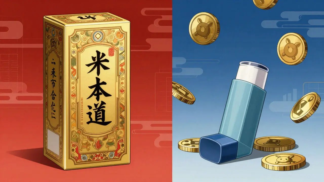 Stylized comparison of expensive brand vs cheap generic inhaler