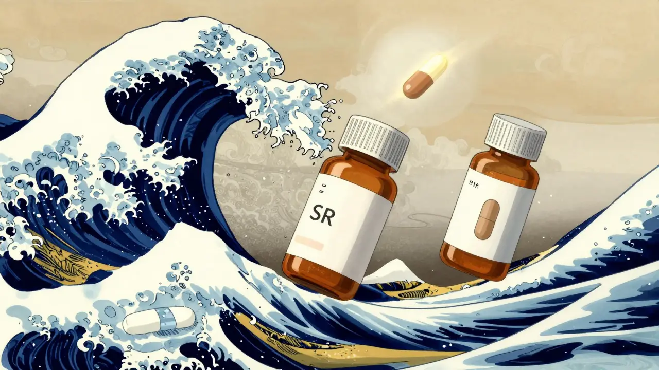 Stylized floating pill bottles against wave-like background patterns.