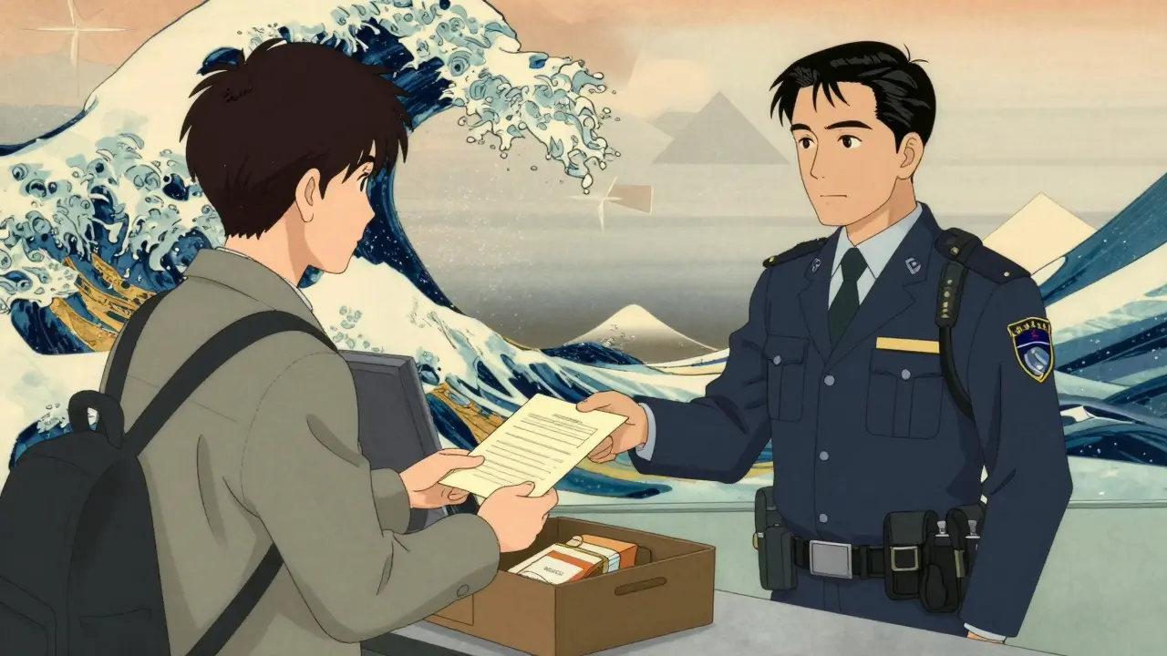Traveler presenting documentation to TSA officer for meds