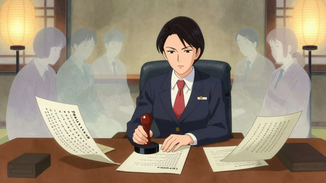 Ukiyo-e anime style of an official stamping a compulsory license for public health.