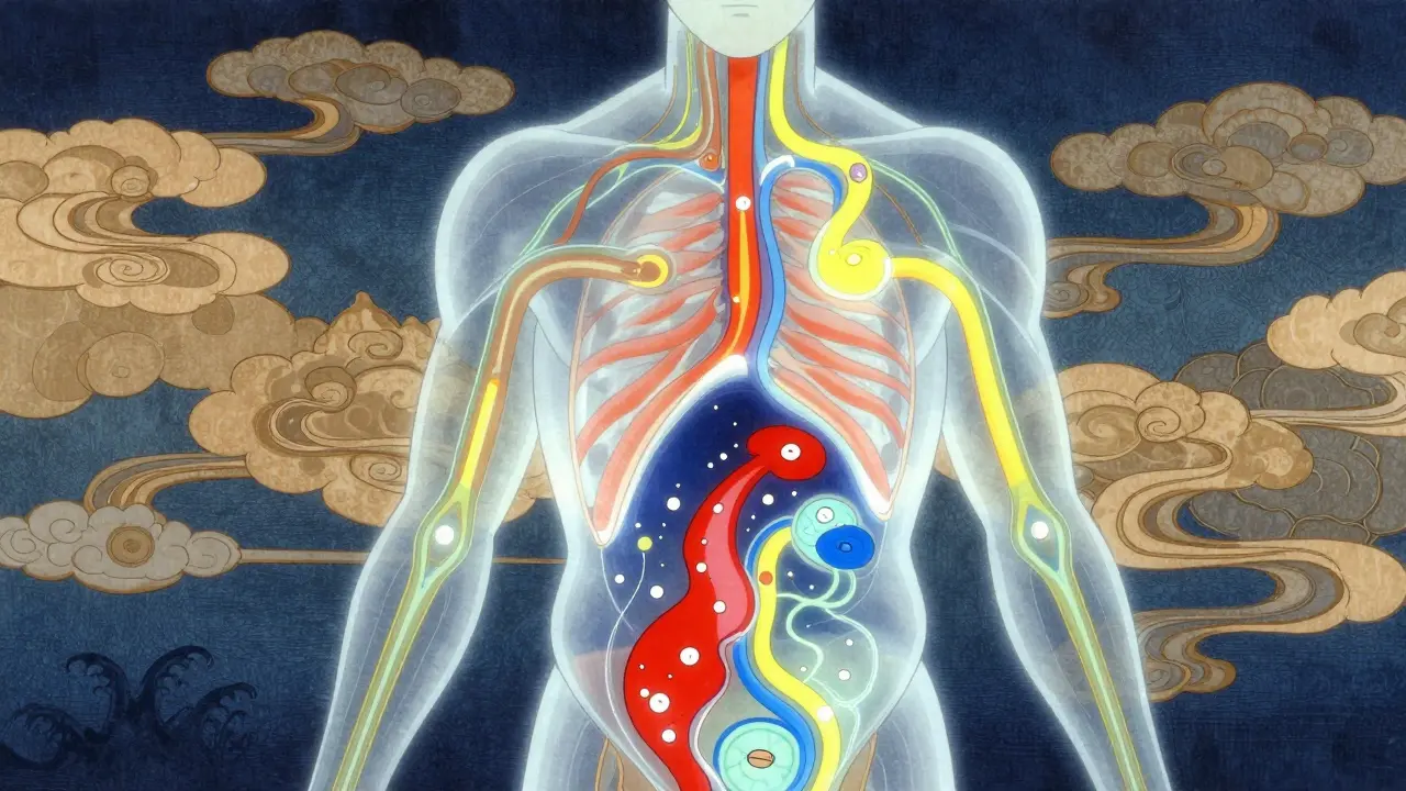 Abstract art showing internal drug interaction pathways