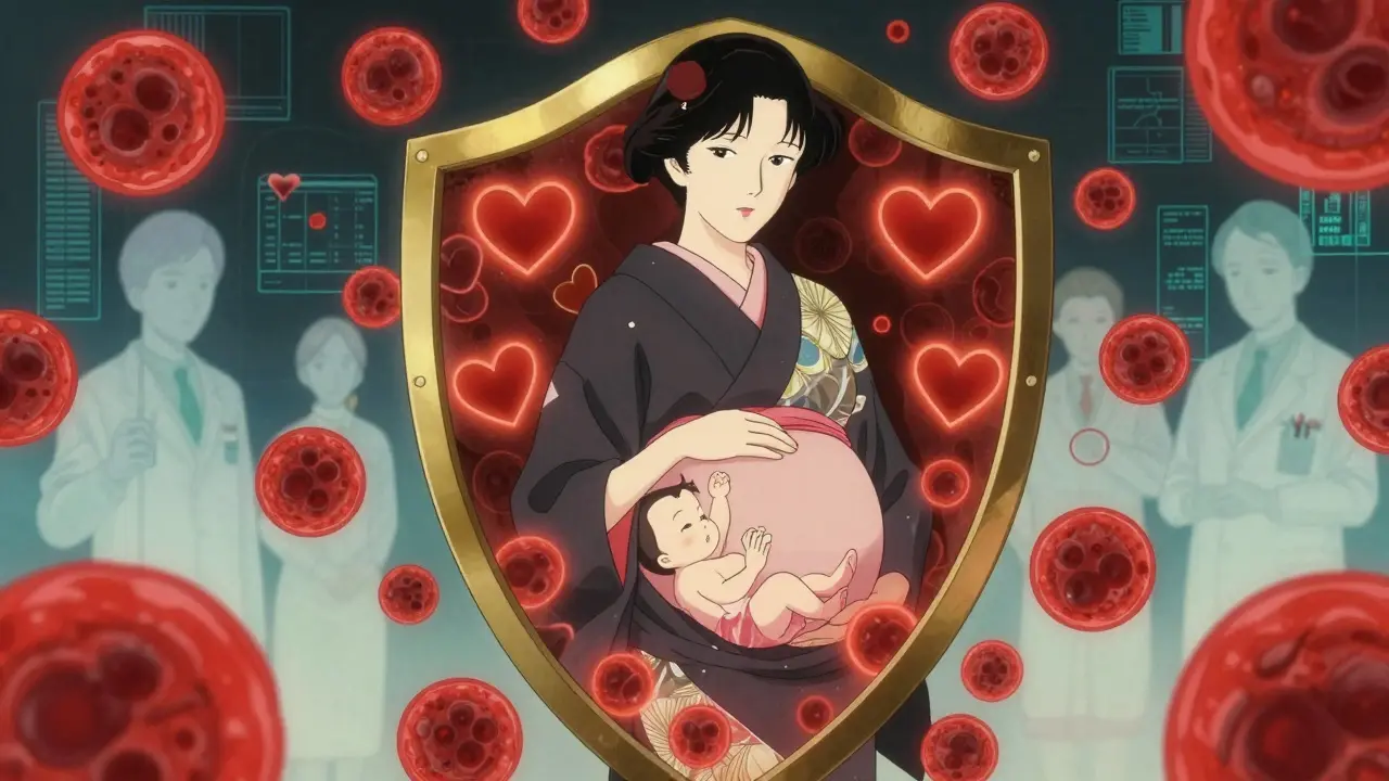Anime illustration of a pregnant woman protected by heart-health symbolism