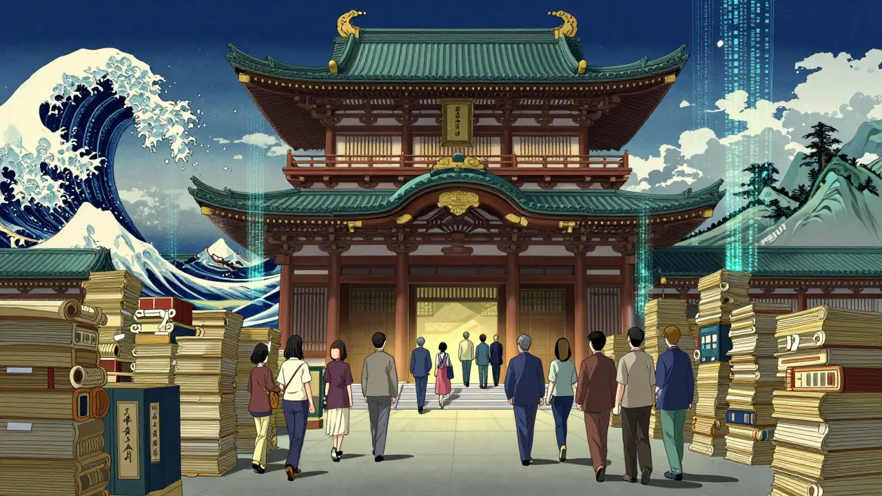 Anime style: Temple of knowledge guiding patients to trusted health info