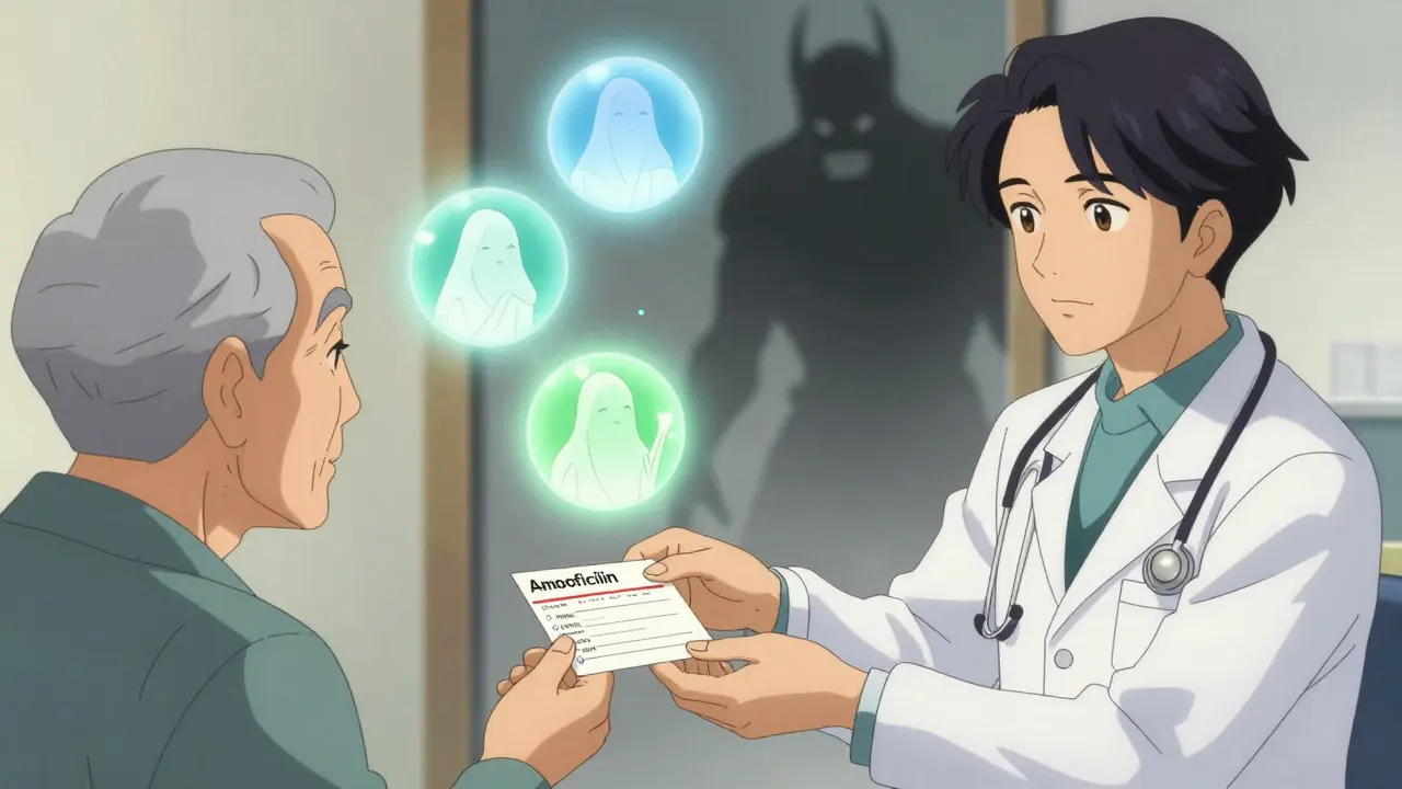 Anime ukiyo-e style scene of a doctor offering safe antibiotic alternatives to a patient.