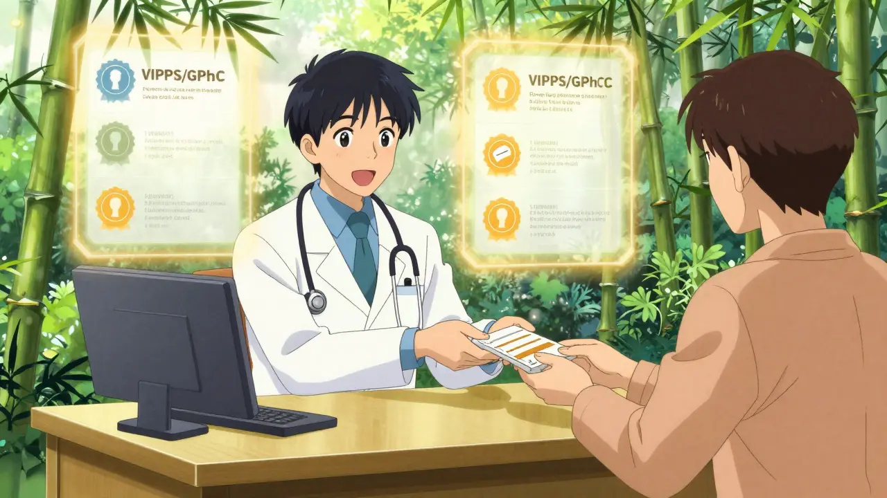 Bright anime scene of safe telehealth consultation and verified pharmacy seal