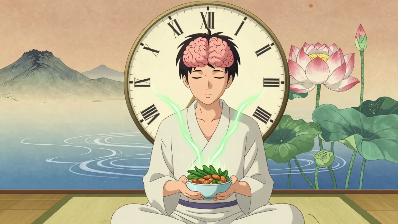 Character practicing CBT-I techniques and eating magnesium-rich foods