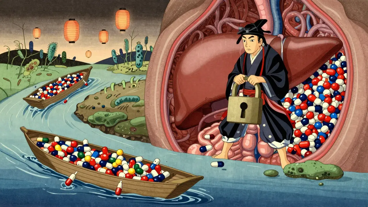 Conceptual anime ukiyo-e illustration showing drug interaction mechanisms inside the body.