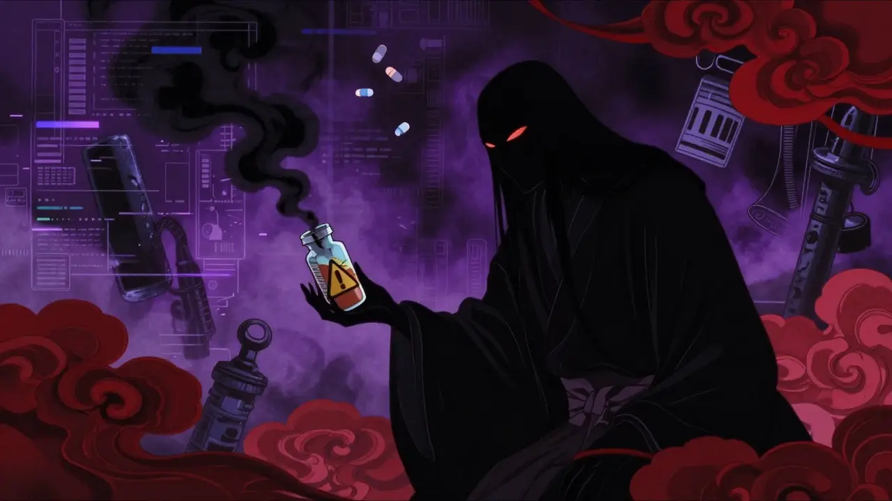 Dark anime art showing dangerous fake drugs from unverified online sources