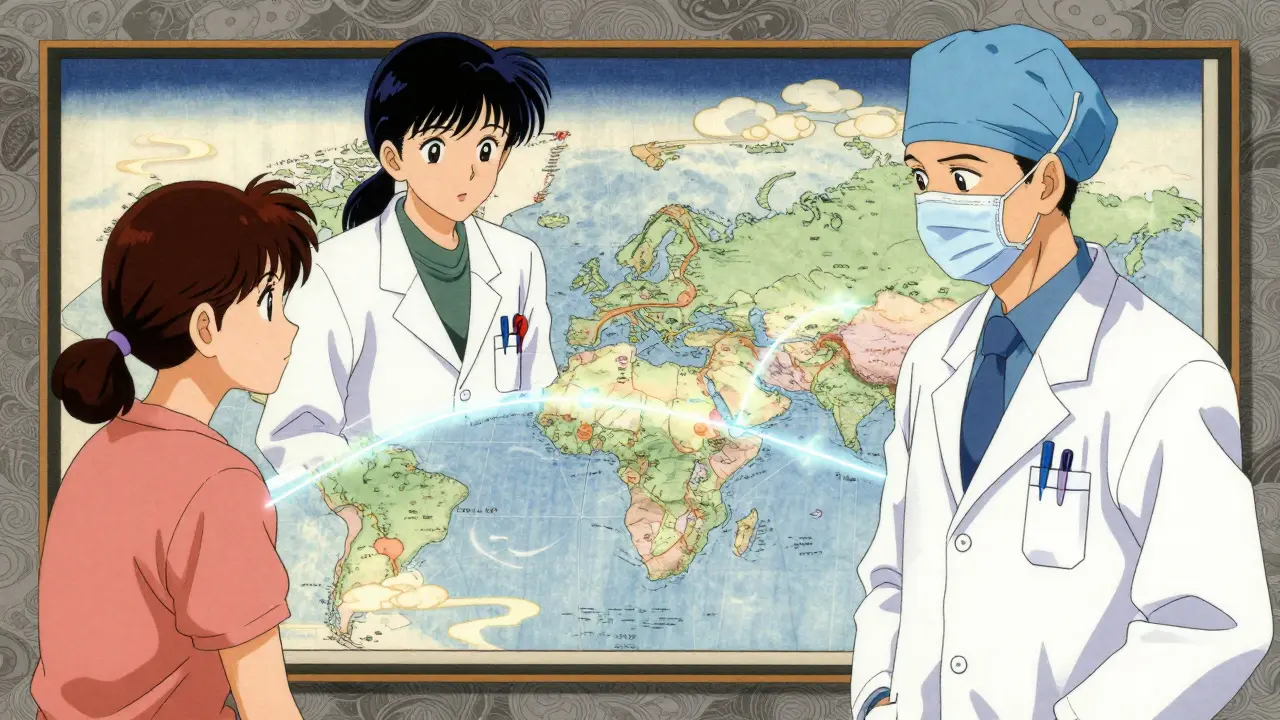 Doctor and patient linked by digital thread over map, anime